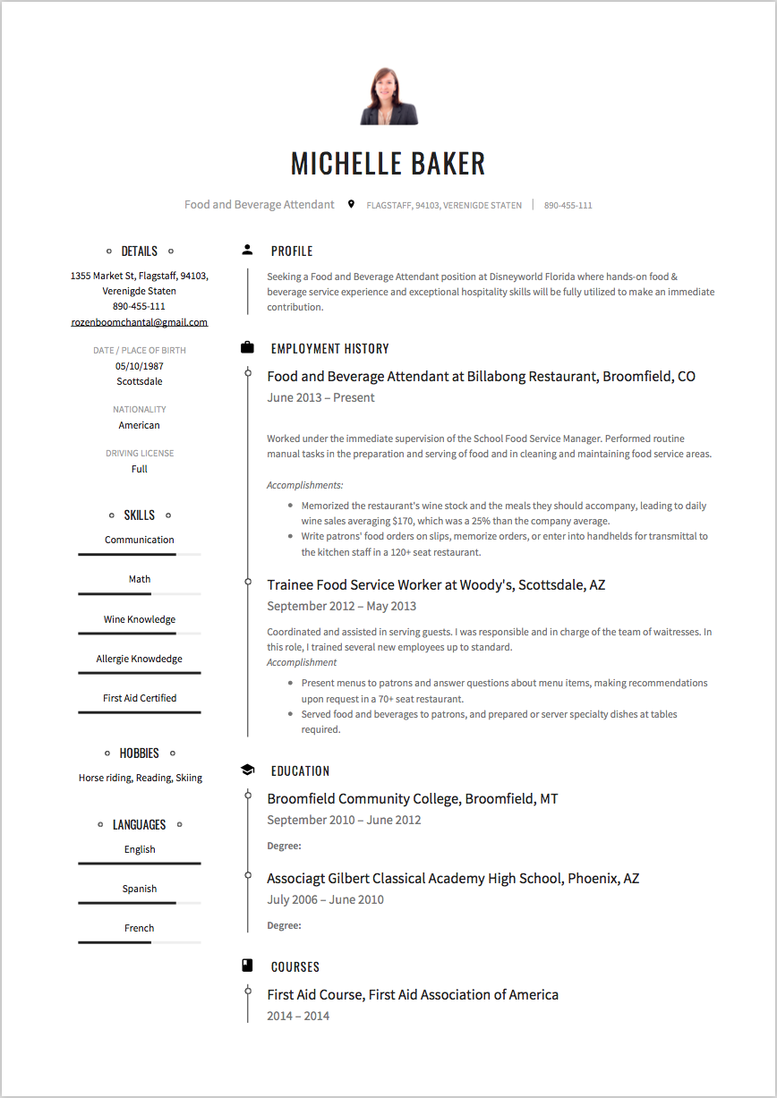 Food and Beverage Resume Templates 1-click & Use It Now