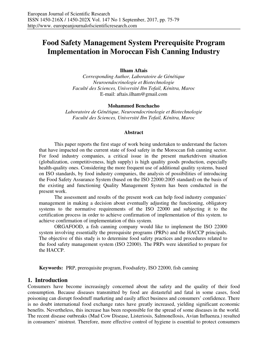 (PDF) Implementation of food safety management systems in